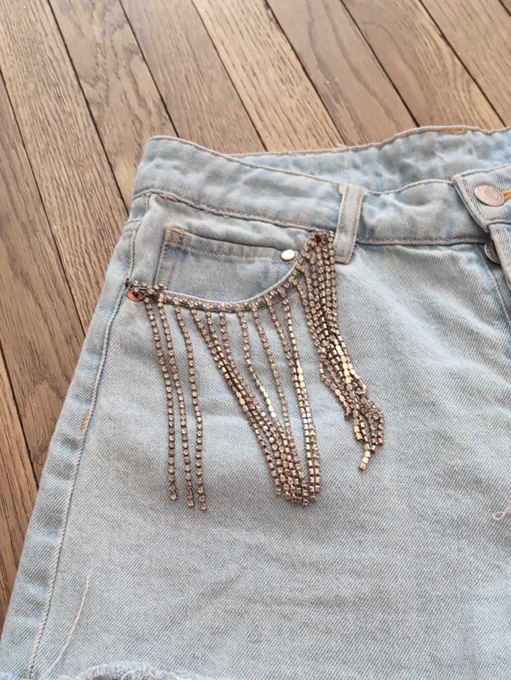 H&M Denim Shorts Blue Fringe Rhinestone High Rise - Picture 13 of 15